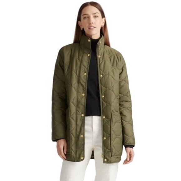 Quince Featherless Quilted Long Puffer  patch pocket barn style Jacket Olive XL - Picture 1 of 14